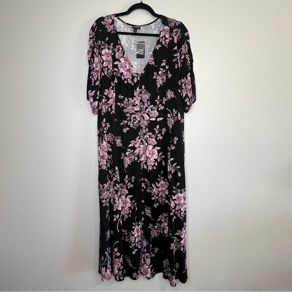 Torrid Dress Midi Rayon Slub Button Front Tie Black Pink Floral Plus Size 4X NEW - Picture 15 of 15